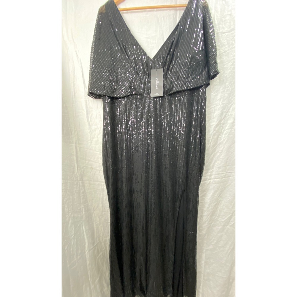 Giffniseti Sequin Gown Women 2XL Black Capelet Sleeve V-Neck Formal Maxi Dress